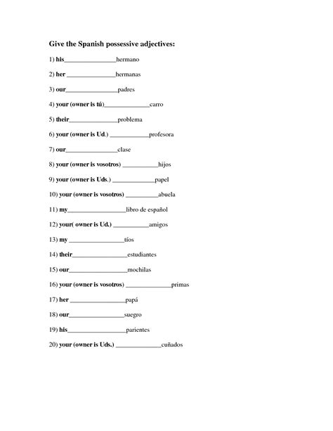 possessive adjectives spanish worksheet pdf